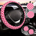 Hot Pink Checkered Steering Wheel Cover for Women, Universal Auto Steering Wheel 14-15 Inch Car Interior Accessories with 2PCS Car Coasters, Suitable for Men and Women