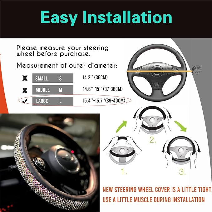 Large Size Bling Comfy Steering Wheel Cover with Jumbo Crystal Rhinestones, Anti-Slip Diamond Leather, 15.5-15.75 Inch (Colorful)