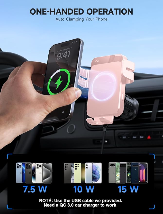 Wireless Car Charger, 15W Auto Clamping Car Charger Dash Windshield Air Vent Phone Holder Compatible with iPhone 16 15 14/13/13 Pro/12 pro/12/11/X/8, Samsung S24/S23/S22, Pink
