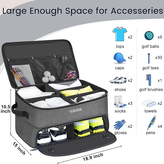 2 Layer Golf Trunk Organizer, Golf Gifts for Men with Separate Ventilated Compartment for 2 Pair Shoes, Waterproof Car Trunk Locker for Balls, Tees, Clothes, Gloves, Gifts for Golfers