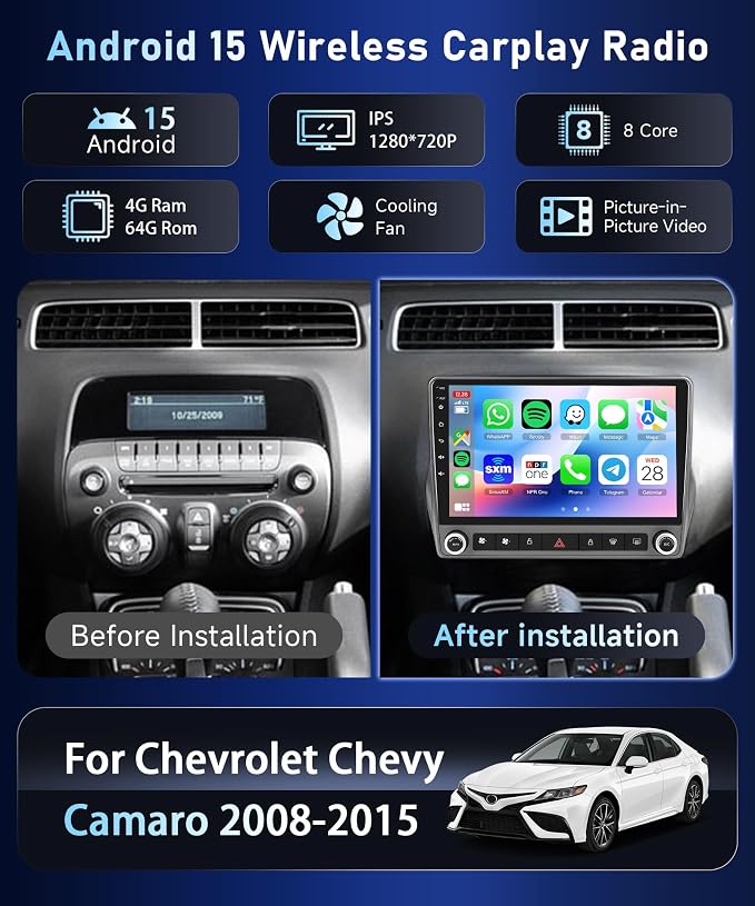 Qualcomm 8Core 4+64G Car Stereo for Chevrolet Chevy Camaro 2008-2015 Wireless CarPlay/Android Auto Android Radio 9" IPS Touch Screen,BT5.1,DSP Hi-Res,5G WiFi,GPS,SWC,Backup Camera