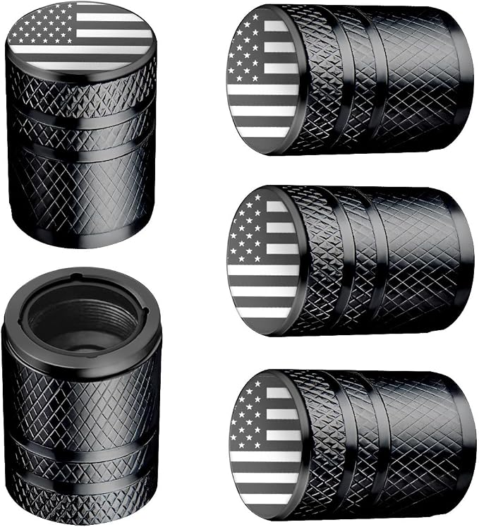 American Flag Tire Valve Stem Caps - (5 Pack) Metal Air Caps with Plastic Liner, Corrosion Resistant, Leak-Proof, Universal Stem Covers for Cars Trucks Motorcycles and Bikes - Black