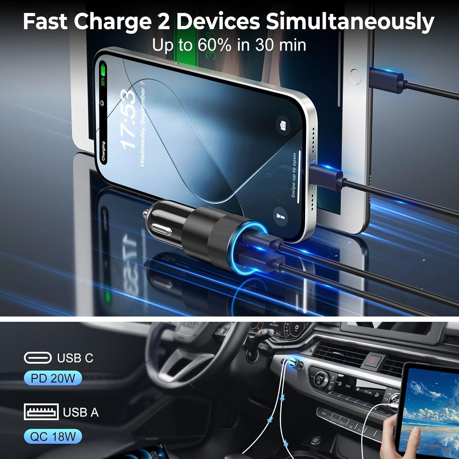 38W Dual USB-C Car Charger — Fast-Charging Adapter for Phones