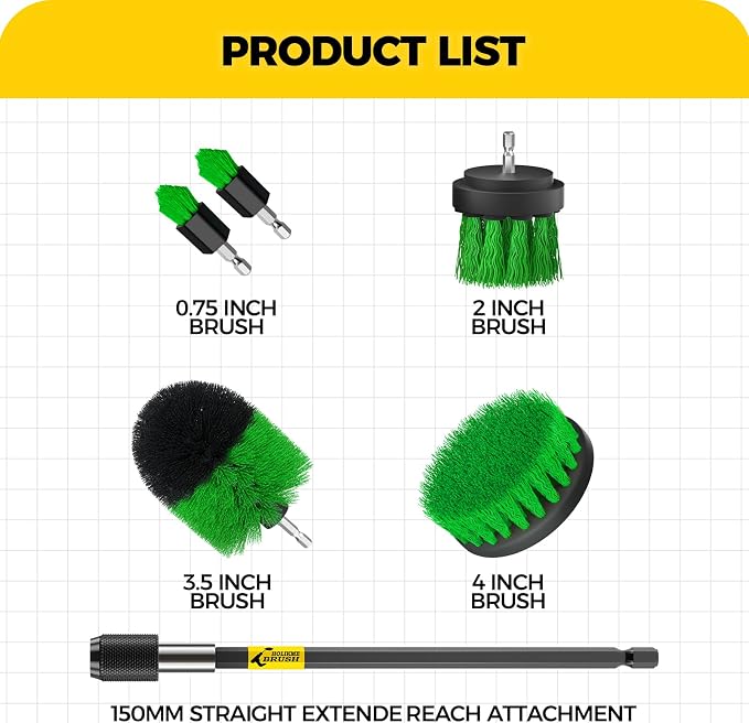 6Pack Drill Brush Power Scrubber Cleaning Brush Extended Long Attachment Set All Purpose Drill Scrub Brushes Kit for Grout, Floor, Tub, Shower, Tile, Bathroom，Scrub Brush Green