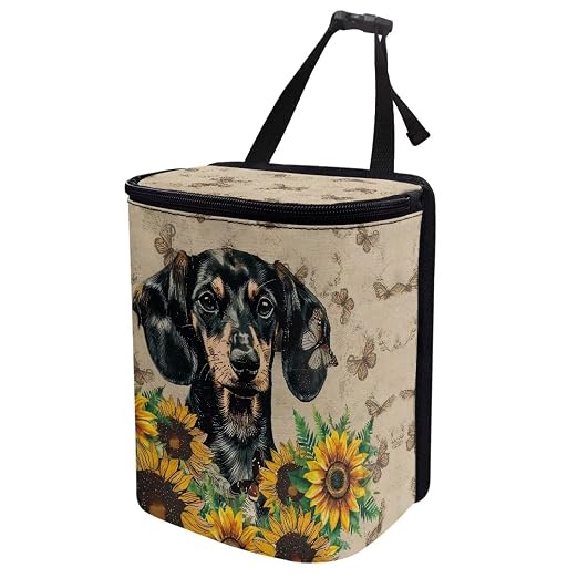 Dachshund Sunflower Butterfly Print Car Trash Can with Lid, Leak Proof Auto Trash Bag Hanging Vehicle Garbage Can Multipurpose Storage Container for Back Seat Road Trip