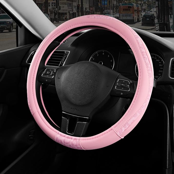 Steering Wheel Cover - Made with PVC Leather and Leopard Fabric - Universal 14 1/2 inches to 15 inches for Most Automotive Steering Wheel - Cheetah Print - All Pink
