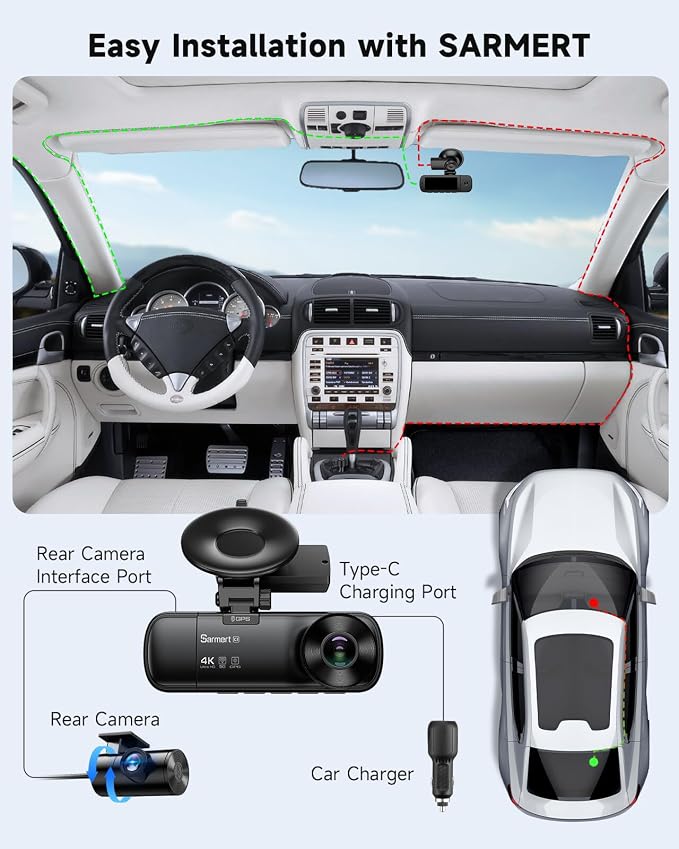4K 3 Channel Dash Cam, Dash Cam Front and Rear C3, Free 64GB Card, 4K+1080P+1080P Dashcam, G-Sensor, WDR, APP, 5G WiFi, Night Vision, 24H Parking Monitor