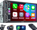 7" QLED Double Din Car Stereo Compatible with Wireless Apple CarPlay & Android Auto, 240W 4.2CH Dual Subwoofer Out, Dash Cam & Backup Camera Included, Bluetooth, Mirrorlink, FM/AM Car Radio