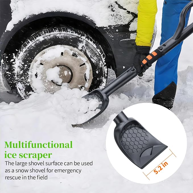 3-in-1 Ice Scraper for Car Windshield,25.8 inch Emergency Snow Shovel with 5.2inch Shovel Blade,Detachable Snow Scrapers with Ergonomic Soft Foam Grip for Cars, Trucks, SUVs, Vehicle(Green)
