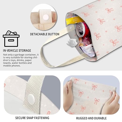 Cute Car Trash Can, Hanging Canvas Car Back Seat Organizer and Storage Bag, Funny Car Trash Bag for Travelling, Outdoor Cute Small Bow