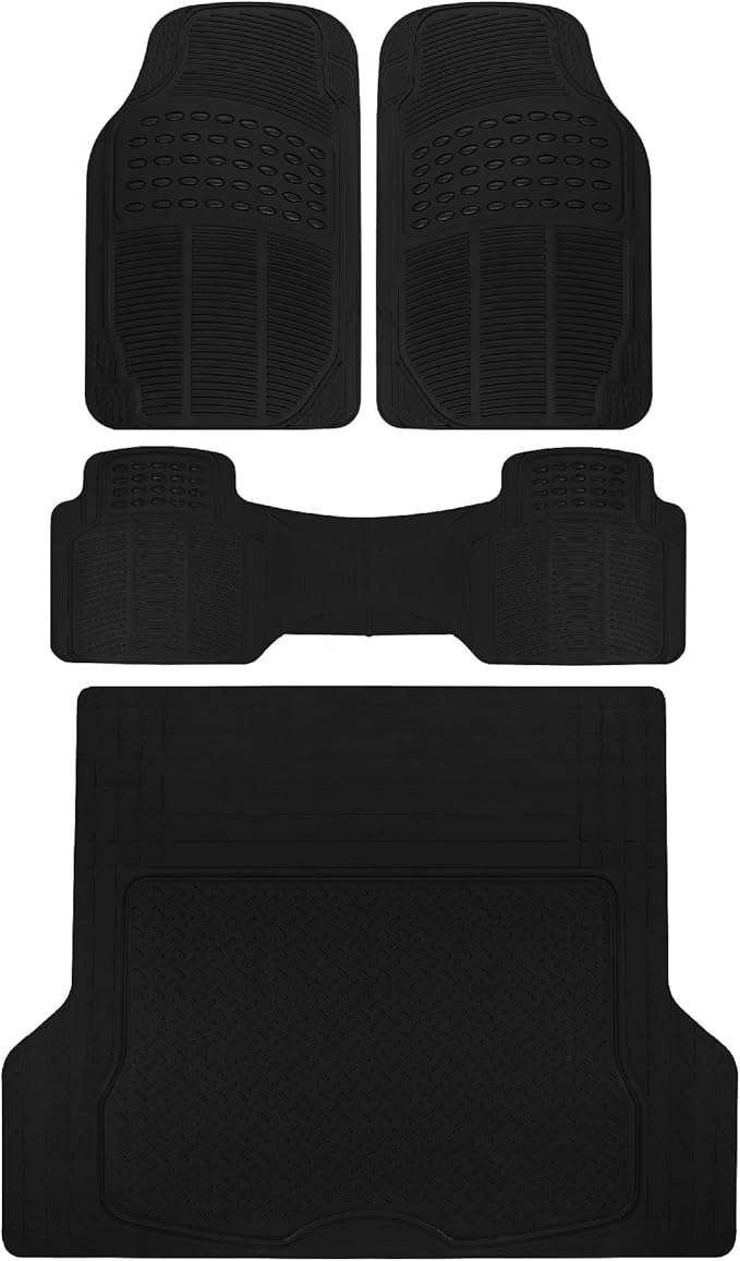 Proliner All Weather Rubber Auto Floor Mats and Trunk Cargo Liner - Front & Rear Heavy Duty Set Fit for Car SUV Van and Truck, Black, 4 Pieces (Trim to Fit)