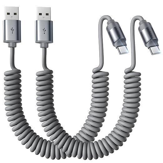 Coiled USB C Cable, 2 Pack for Android Auto & CarPlay Cable, Short USB A to USB C Cable Compatible with iPhone 17/16/15, Samsung Galaxy S25/S24/S23 A15/A14, Google Pixel 9/8, Space Gray 6FT