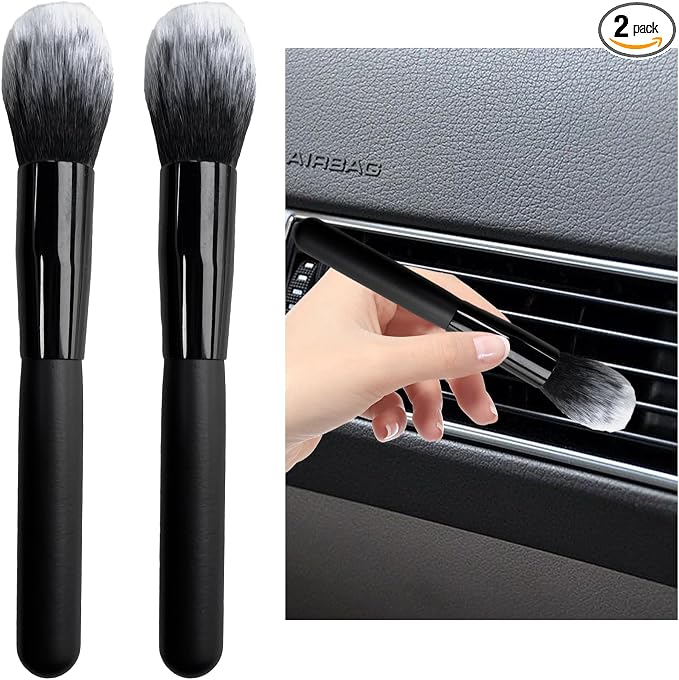2PCS Car Interior Dust Brush, Soft Scratch Free Auto Detailing Brushes, Universal Vehicle Interior Cleaning Tool for Automotive Dashboard, Air Vents, Leather (Long Black & White)