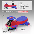 12V Electric Wiggle Car for Kids with Pedal, Display, Rechargeable Battery, LED Light, Bluetooth, Light-Up Wheels, Anti-Rollover, 2 Speeds, Ride on Toys, Birthday Gifts for Age 3+, 150Lbs