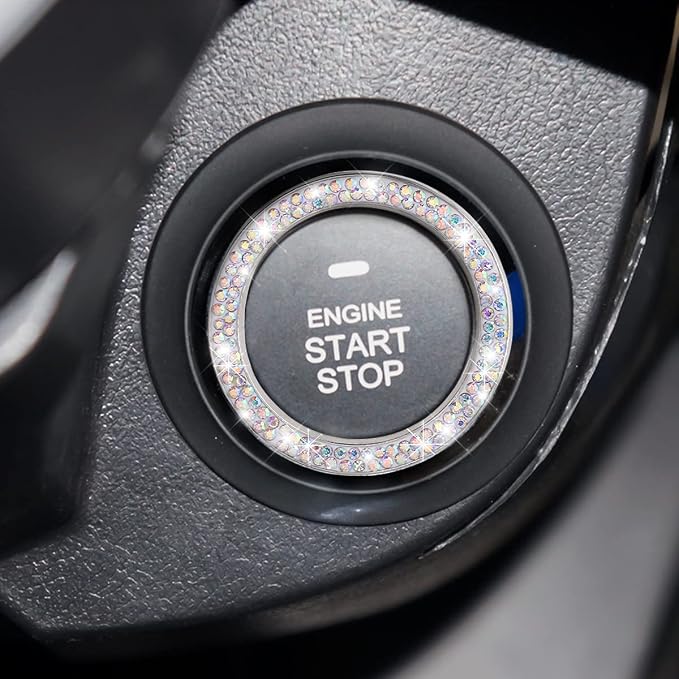 Car Bling Crystal Rhinestone Engine Start Ring Stickers, 1 Single Drainage Drill and 1 Double Drainage Drill Car Start Button Cover, Key Ignition Knob Bling Ring Decals, Car Accessories(Set Silver)