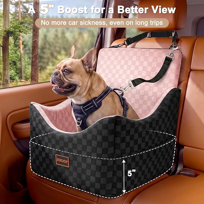 Elevated Dog Car Seat for Small/Medium Dogs up to 35 lbs, Memory Foam Booster Seat with Detachable Washable Cover, Travel-Safe Car Bed with Safety Belts & Storage Pockets, Pink