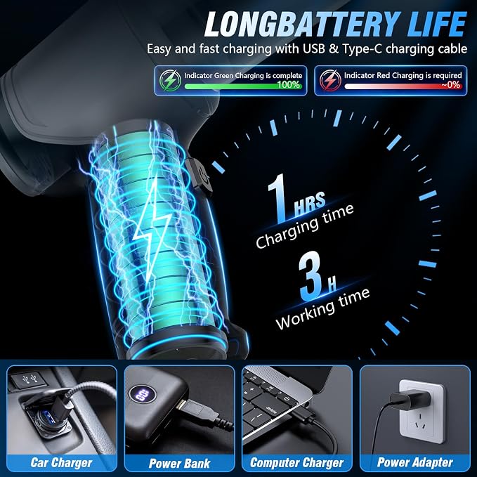 Car Vacuum Cleaner Cordless Rechargeable, Portable Vacuum for Car | 15000Pa suction with blower mode for pet hair, car interiors, keyboards and daily cleanups