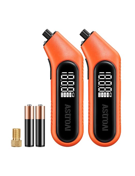 Digital Tire Pressure Gauge 3-300PSI Calibrated to ANSI B40.7 Grade 2A (0.5%), Backlight and Flashlight, Presta Valve Adaptor Included, 4 Units, AAA Batteries, Orange, 2Pack