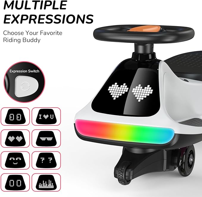 12V Electric Wiggle Car for Kids with Pedal, Display, Rechargeable Battery, LED Light, Bluetooth, Light-Up Wheels, Anti-Rollover, 2 Speeds, Ride on Toys, Birthday Gifts for Age 3+, 150Lbs