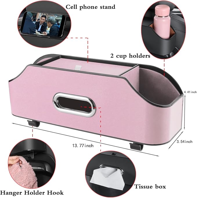 Car Back Seat Organizer with 2 Drink Cup Holder - Tissue Box and Storage Box Hook - Multi-functional Storage - Great for Kids and Travel (Pink)