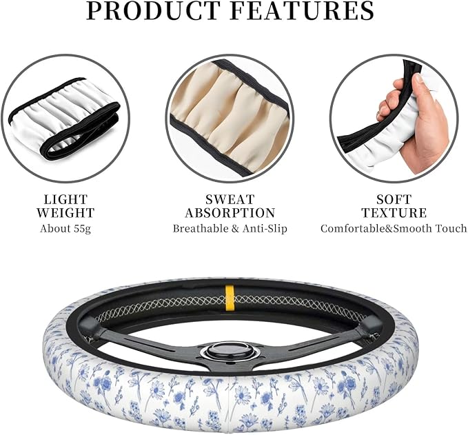 Flowers Blue Steering Wheel Cover - Watercolor Blue Flowers Steering Wheel Cover Anti-Slip Universal Breathable 14-15-in 2 Car Cup Coasters for Men Women