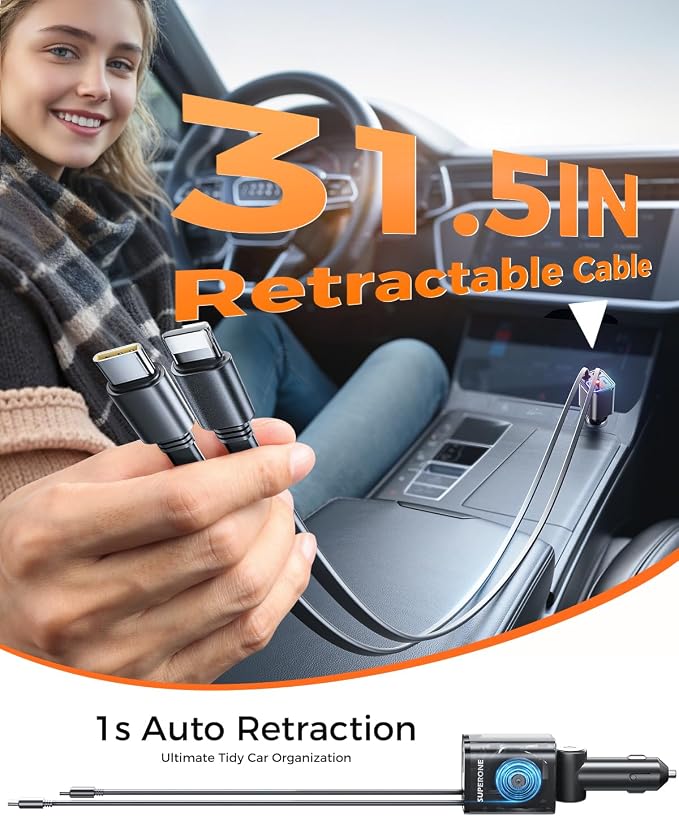 Retractable Car Charger, 69W Car Charger Adapter for iPhone 17 USB C Charger Fast Charging with Starry Light, Car Accessories Compatible with iPhone 17/16/15/14/13/12, iPad, Android, Pixel