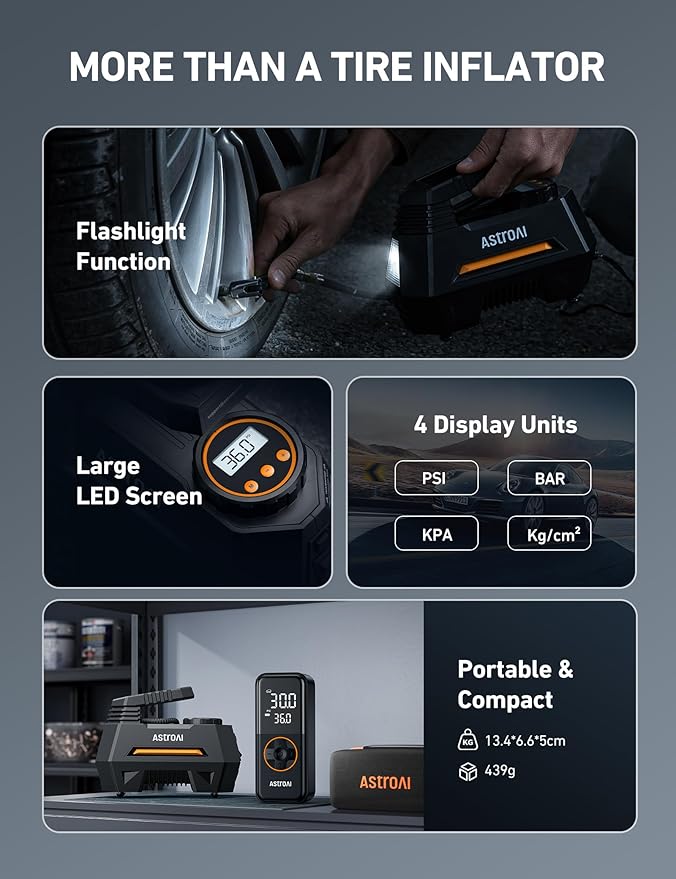 AIRUN H Tire Inflator Portable Air Compressor,Fast Inflation Electric Air Pump for Car Tires-Car Accessories,9.8Ft Cord-12VDC-Powered Auto Shut-Off with Digital Pressure Gauge,LED Light,Orange
