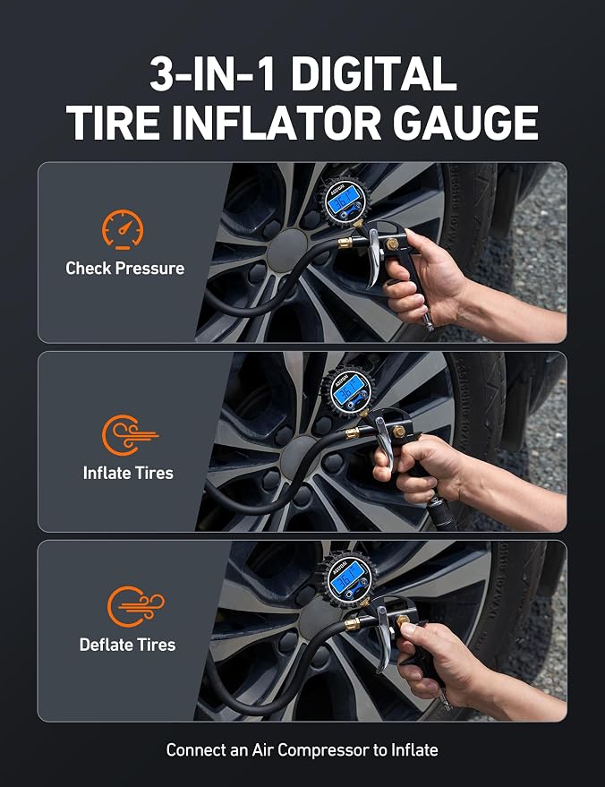 Digital Tire Pressure Gauge with Inflator, 3-250PSI Air Compressor Accessories with Heavy Duty Air Chuck Quick Connect Coupler, Fits 1/4" NPT – for Car Truck SUV RV, 1 Pack Compact