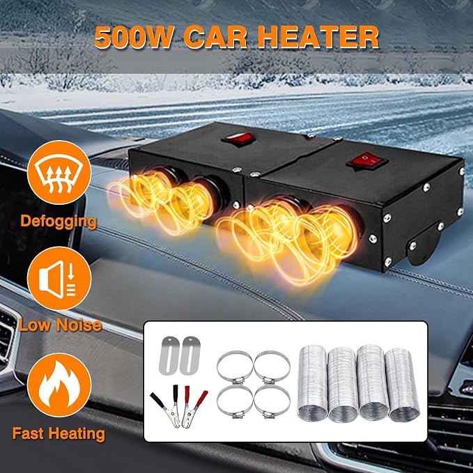 12V Car Heater Defroster, 500W Universal Windscreen Demister, 4 Holes Portable Car Defroster Windshield Heater for Truck Car Winter Defrosting Defogging Fast Heating with Mounting Accessories