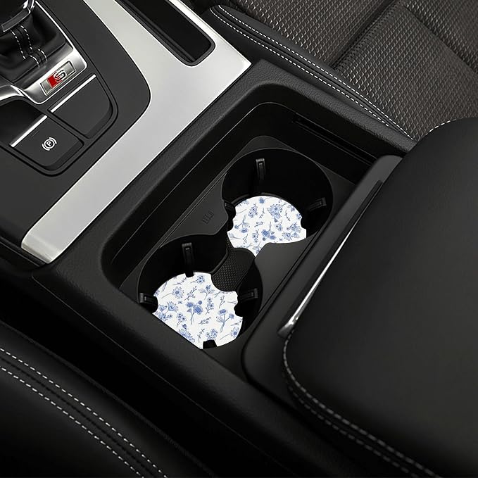 Flowers Blue Steering Wheel Cover - Watercolor Blue Flowers Steering Wheel Cover Anti-Slip Universal Breathable 14-15-in 2 Car Cup Coasters for Men Women