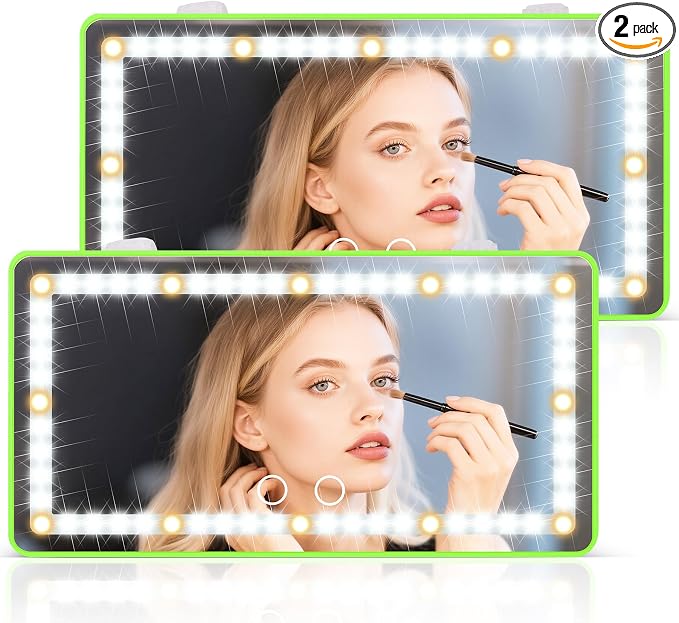 2PCS Car Sun Visor Vanity Mirror - Rechargeable Makeup Mirror with 60 LEDs, 3 Light Modes & Dimmable Touch Control for Cars, Trucks, SUVs, Car Interior Accessories for Women (Green)