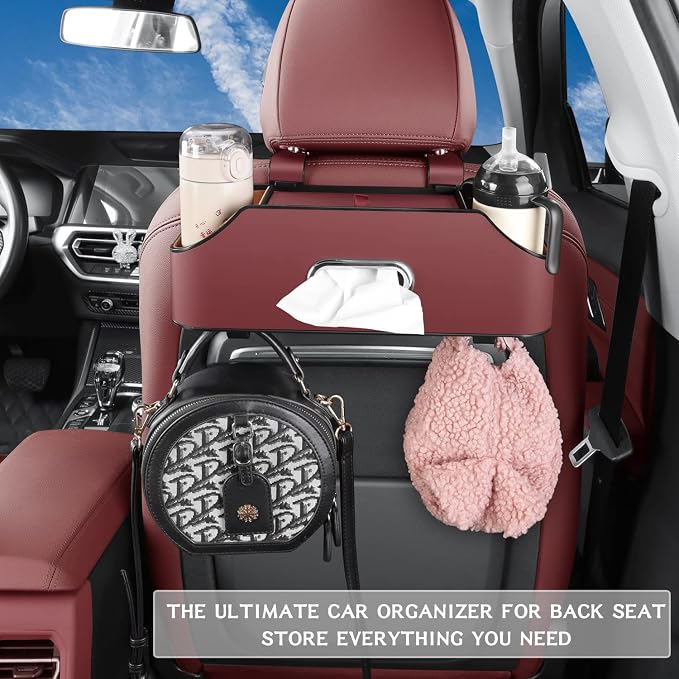 Car Back Seat Organizer with 2 Drink Cup Holder - Tissue Box and Storage Box Hook - Multi-functional Storage - Great for Kids and Travel (Red)