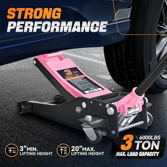 3 Ton Low Profile Floor Jack, Heavy Duty Steel Hydraulic Car Jack with Dual Pistons Quick Lift Pump, Hydraulic Racing Floor Jack, Lifting Range 3" to 20", Pink