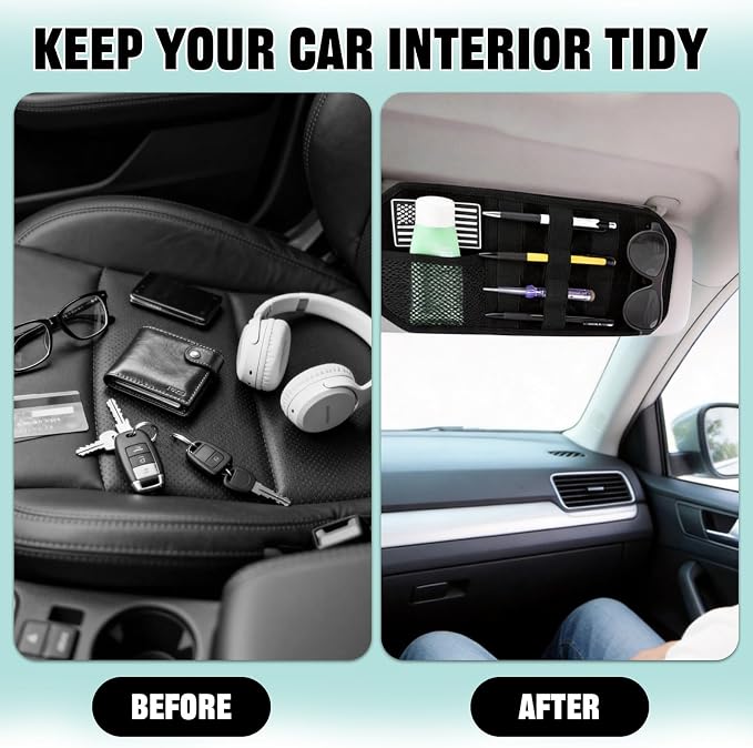 Car Visor Organizer with 3pcs Patches, Multi-Pocket Sun Visor Organizer | Zipper Storage Pouch & Adjustable Straps, Semi-Rigid Panel Storage Accessories for Truck, Suv, Most Cars (Black)