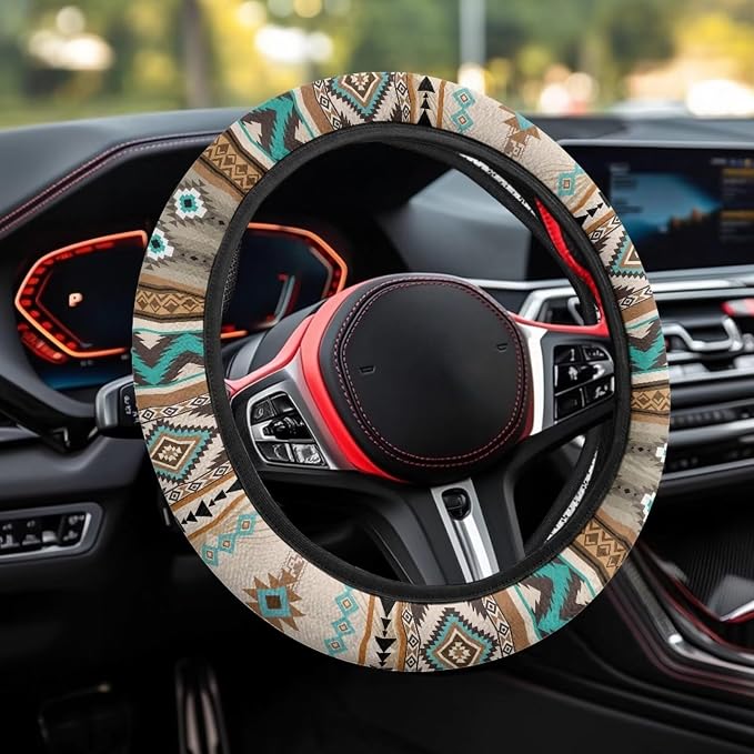Southwest Aztec Beige Blue Car Steering Wheel Cover Universal 15 Inch Auto Accessories Car Interior Decoration for Women Men Fit SUV Sedans Vans Trucks