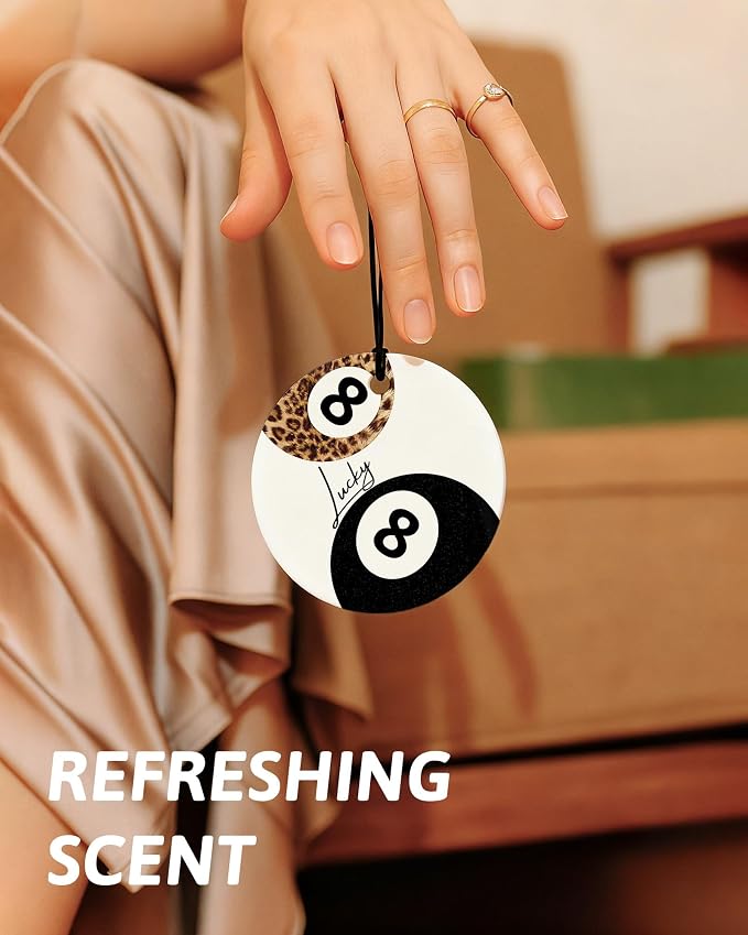 Trendy Leopard Print Lucky 8 Ball Orange Car Air Freshener 4 Pcs, Cheetah Dice Poker Round Hanging Air Freshener for Cars Closet Drawer Books, Girly Y2k Car Accessories Mirror Decor for Women