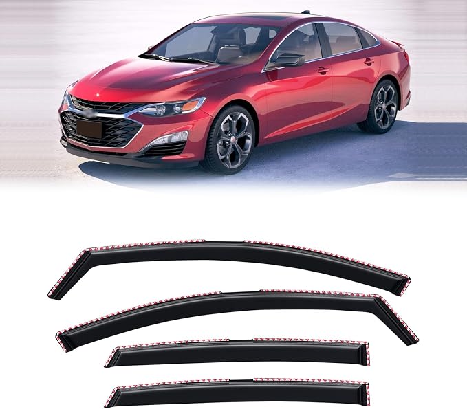 in-Channel Rain Guards for 2016-2025 Chevrolet (Chevy) Malibu, Window Visor Shields Vent Deflector Shade Wind Dark Smoke 2017 2018 2019 2020 2021 2022 2023 2024, Tape-On Outside-Mount, 4PCS