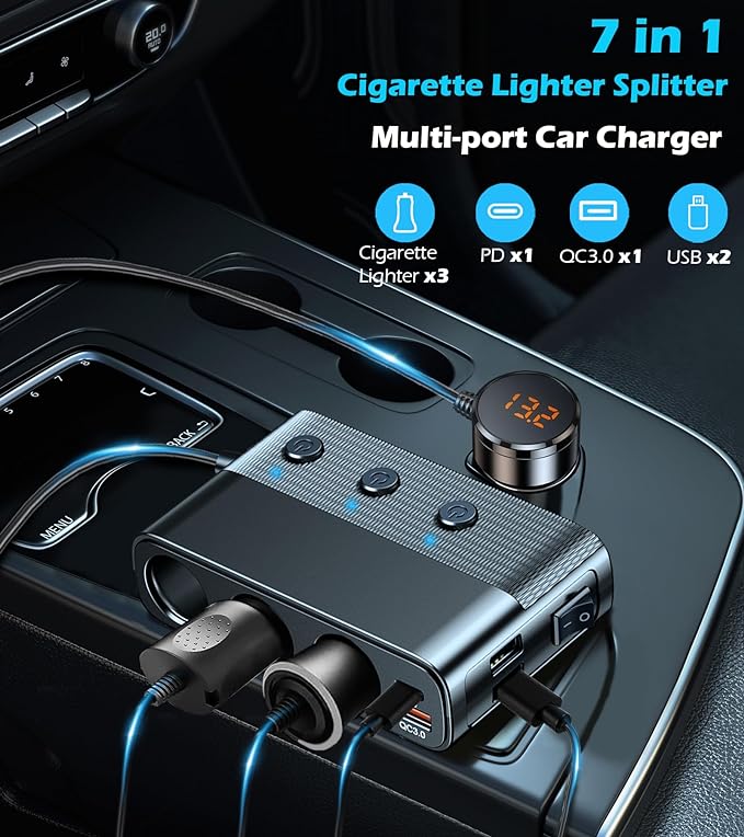 7-1 Cigarette Lighter Splitter, 3-Socket Adapter with PD 30W Type-C | 12V/24V Car Charger, QC3.0 & Dual USB Ports, Independent Switches, Voltage Display, 3.3FT Extension Cord for Truck RV SUV