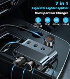 7-1 Cigarette Lighter Splitter, 3-Socket Adapter with PD 30W Type-C | 12V/24V Car Charger, QC3.0 & Dual USB Ports, Independent Switches, Voltage Display, 3.3FT Extension Cord for Truck RV SUV