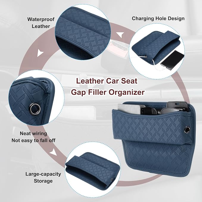 2pcs Car Seat Gap Filler Organizer 11.5 x 8 x 2.1 Inch Leather Universal Car Organizer Storage Box Between Seat and Console for Phone Sunglasses Keys, Blue
