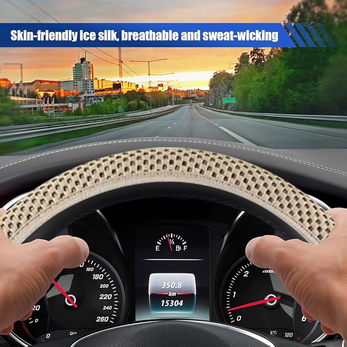 Elastic Stretch Steering Wheel Cover, 15" Breathable Microfiber Ice Silk Steering Wheel Protector, Universal Anti-Slip Car Warm in Winter&Cool in Summer Accessories for Men Women (Beige)