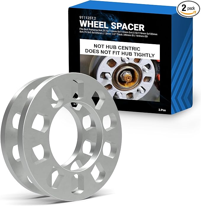 2 Pcs Die Cast Wheel Spacer 12mm 1/2" Thick Fits Bolt Patterns 5x4.25 5x110mm 5x112mm 5x4.5 5x115mm 5x120mm 5x4.75 5x5 5x135mm Fits 5 Lug Pass Cars Light Trucks