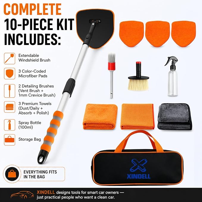 XINDELL Windshield Cleaner Tool, Extendable Car Window Cleaning Kit with 360° Rotating Head, Interior Exterior Glass Cleaner for Cars Trucks SUVs, 10PCS with 3 Pads, Towels, Brushes & Bag | 360° Head, Extendable Handle, 3 Pads, 2 Brushes, 3 Towels, Spr...
