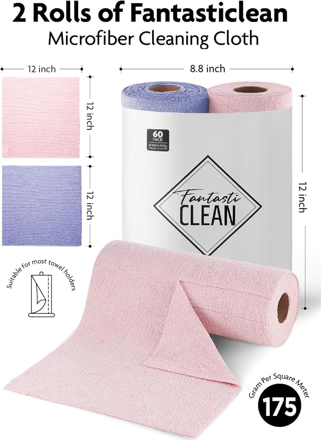 Microfiber Cleaning Cloth Roll -60 Pack, Tear Away Microfiber Towels, 12" x 12", Reusable, Washable, Scratch Free, Ultra Absorbent Dishcloth for All-Around Cleaning (Pink & Lavender)