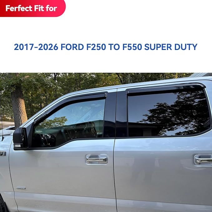 Window Visors Rain Guards for 2017-2026 Ford F250 F350 F450 F550 Super Duty SuperCrew, Out-Channel Window Vent Wind Deflectors Visors Shades for 17-26 F-250~F-550 SD Crew Cab, for Full-Size Cabs