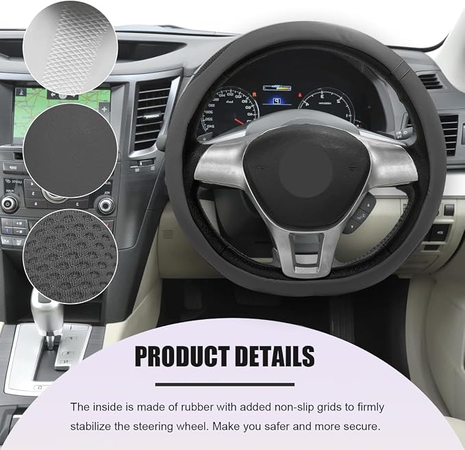 Car Steering Wheel Cover, Leather Breathable Ice Silk Auto Wheel Wrap with Anti-Slip Lining, Scratch-Resistant Elastic Protector Fit for 14.5-15 Inch Steering Wheels (Gray)