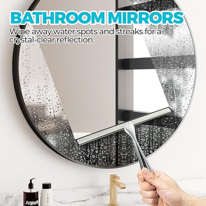 2pcs Shower Squeegee for Glass Doors with Adhesive Hanging Hook Set | 9.9” silver, bathroom accessories, window cleaner, new home essentials, soft rubber blade, metal handle, ergonomic grip