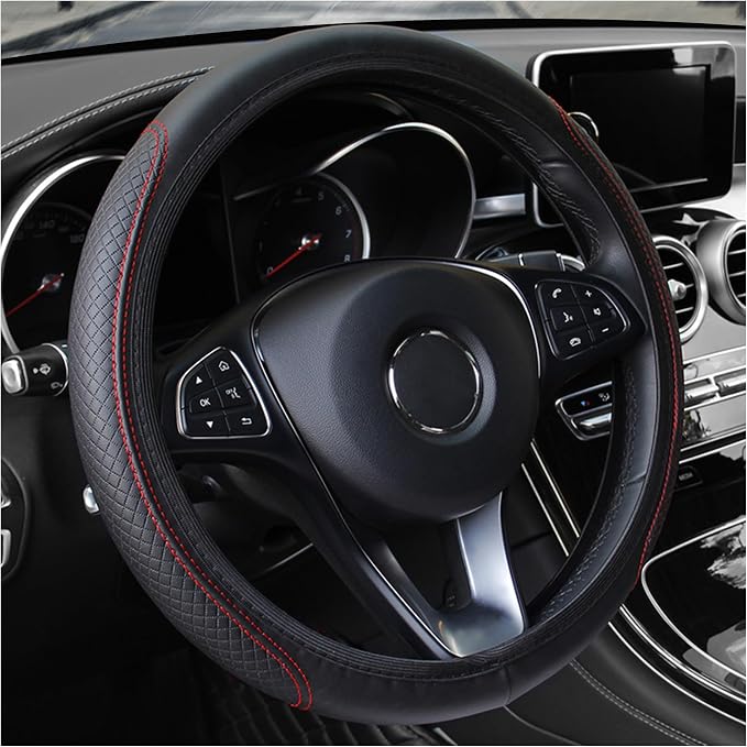 Leather Steering Wheel Cover,Anti Slip Car Steering Wheel Cover for Car Decorations & Steering Wheel Protections,Universal 15Inch Wheel Cover Car Interior Accessories for Men & Women (Black+Red)