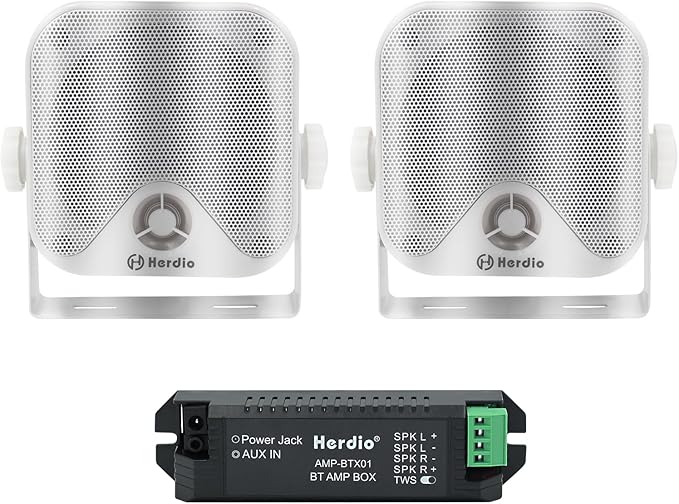 4 Inches Marine Box Bluetooth Speakers -Compact Waterproof Audio Sound System with 100 Watt Power for Boat Golf cart Jeep ATV UTV Truck Heavy Duty Powersports Vehicles Courtyard (White)