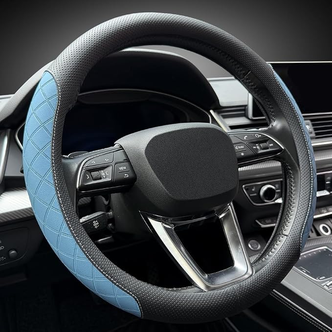 Nappa Leather Steering Wheel Cover,Elegant Diamond Checkered Design, Non-Slip wear-Resistant, Enhance Driving Comfort, Suitable for Steering Wheel Diameter 14 1/2‘-15’ Models.Black Blue